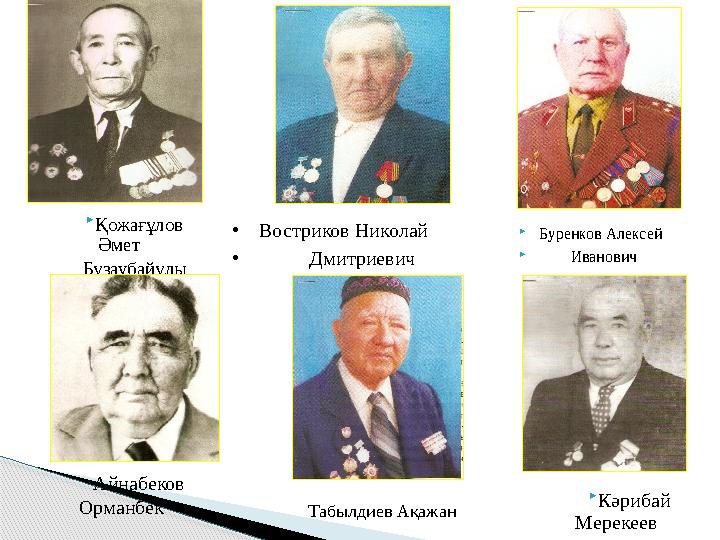  Қожағұлов Әмет Бұзаубайұлы  Буренков Алексей  Иванович• Востриков Николай • Дмитриевич