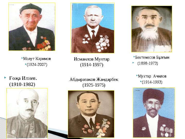 Ғоҗа Илиев. (1910-1982)  Мухтар Ачилов  (1914-1993)Абдыразаков Жандарбек (1925-1975) Молут Кәримов  (1924-2007)  Бектеме