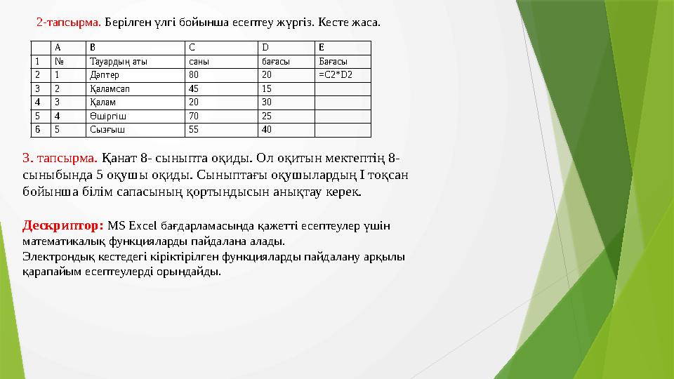 3. тапсырма. Қанат 8- сыныпта оқиды. Ол оқитын мектептің 8- сыныбында 5 оқушы оқиды. Сыныптағы оқушылардың І тоқсан бойынша бі