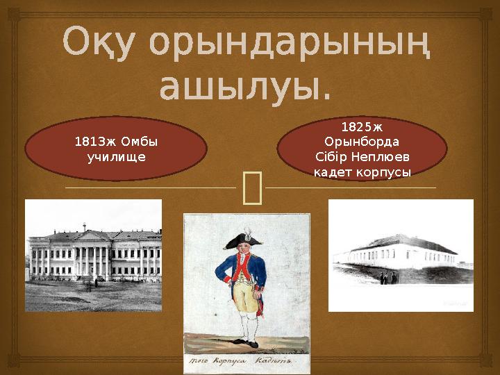 1813ж Омбы училище 1825ж Орынборда Сібір Неплюев кадет корпусыО қу орындарының ашылуы.