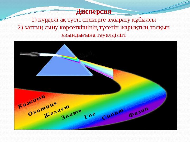 Дисперсия 1) күрделі ақ түсті спектрге ажырату құбылсы 2) заттың сыну көрсеткішінің түсетін жарықтың толқын ұзындығына тәуелділ