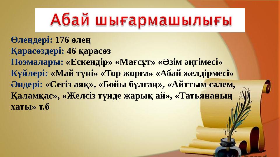 Өлеңдері: 176 өлең Қарасөздері: 46 қарасөз Поэмалары: «Ескендір» «Мағсұт» «Әзім әңгімесі» Күйлері: «Май түні» «Тор жорға» «