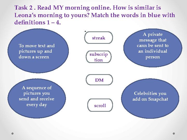 . Task 2 . Read MY morning online. How is similar is Leona’s morning to yours? Match the words in blue with definitions 1 – 4