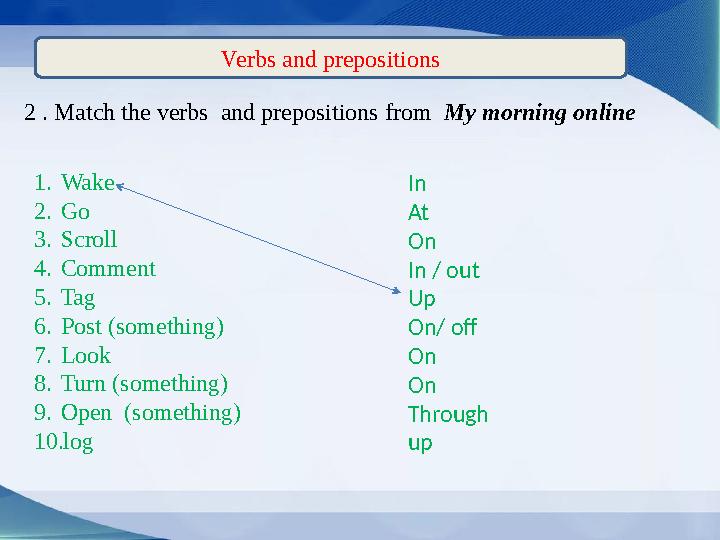 Verbs and prepositions 2 . Match the verbs and prepositions from My morning online 1. Wake 2. Go 3. Scroll 4. Comment 5. Tag