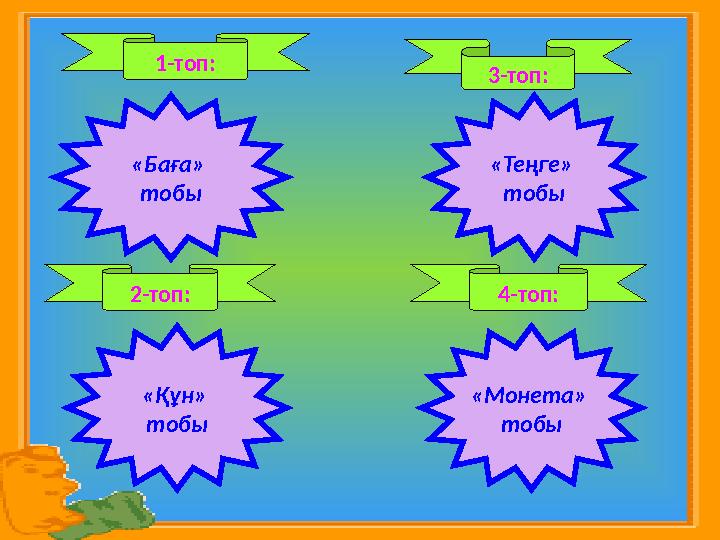 1-топ: «Баға» тобы 3-топ: «Теңге» тобы 2-топ: 4-топ: «Құн» тобы «Монета» тобы