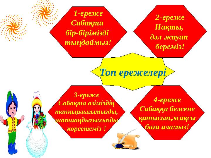Топ ережелері 2-ереже Нақты, дәл жауап береміз!1-ереже Сабақта бір-бірімізді тыңдаймыз! 3-ереже Сабақта өзіміздің тапқырлы