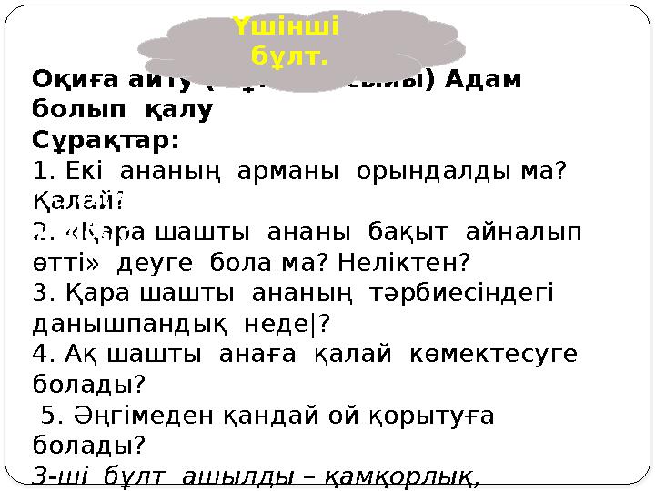 Оқиға айту (Мұғалім сыйы) Адам болып қалу Сұрақтар: 1. Екі ананың арманы орындалды ма? Қалай? 2. «Қара шашты ананы б