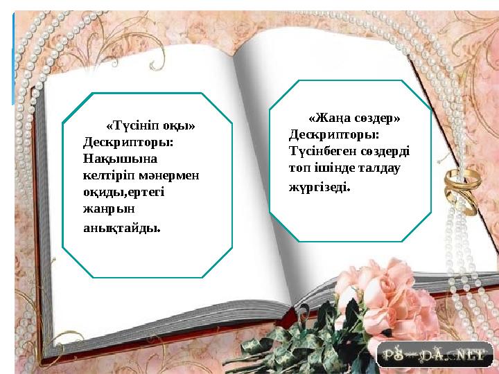 «Түсініп оқы» Дескрипторы: Нақышына келтіріп мәнермен оқиды,ертегі жанрын анықтайды . «Жаңа сөздер» Дескрипторы