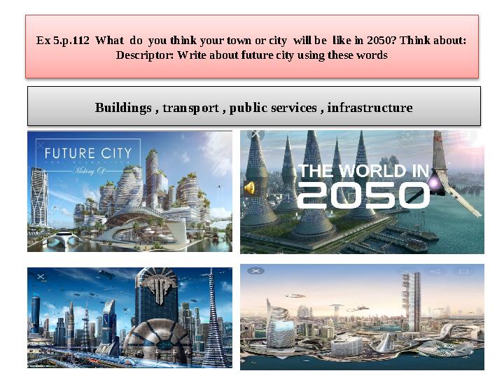 Ex 5.p.112 What do you think your town or city will be like in 2050? Think about: Descriptor: Write about future city using