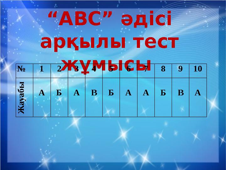 № 1 2 3 4 5 6 7 8 9 10Ж ауабы А Б А В Б А А Б В А“ АВС” әдісі арқылы тест жұмысы № 1 2 3 4 5 6 7 8 9 10 Ж а у а б ы А Б А В