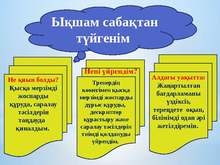 Ықшам сабақтан түйгенім Тренердің көмегімен қысқа мерзімді жоспарды дұрыс құруды, дескриптор құрастыру және саралау