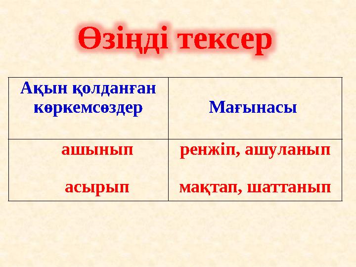Өзіңді тексер Ақын қолданған көркемсөздер Мағынасы ашынып асырып ренжіп, ашуланып мақтап, шаттанып