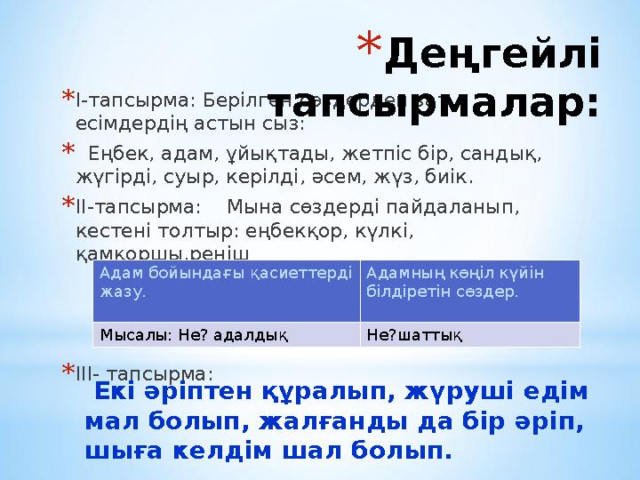 * І-тапсырма: Берілген сөздерден зат есімдердің астын сыз: * Еңбек, адам, ұйықтады, жетпіс бір, сандық, жүгірді, суыр, кер