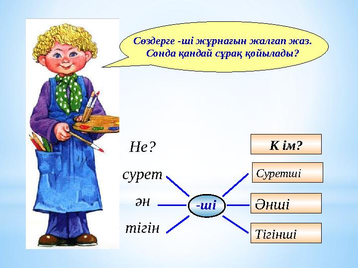 Сөздерге -ші жұрнағын жалғап жаз. Сонда қандай сұрақ қойылады? Не? сурет ән тігін К ім? Суретші Әнші Тігінші-ші