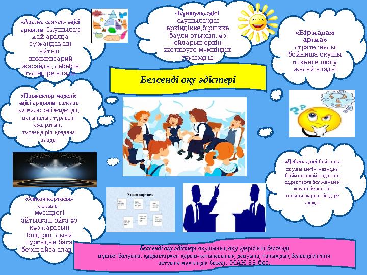 «Күншуақ»әдісі оқушыларды еркіндікке,бірлікке баули отырып, өз ойларын еркін жеткізуге мүмкіндік туғызады . «Хикая картасы