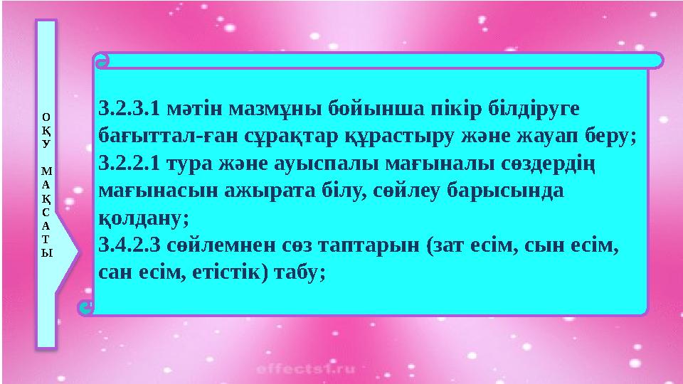 3.2.3.1 мәтін мазмұны бойынша пікір білдіруге бағыттал-ған сұрақтар құрастыру және жауап беру; 3.2.2.1 тура және ауыспалы мағын