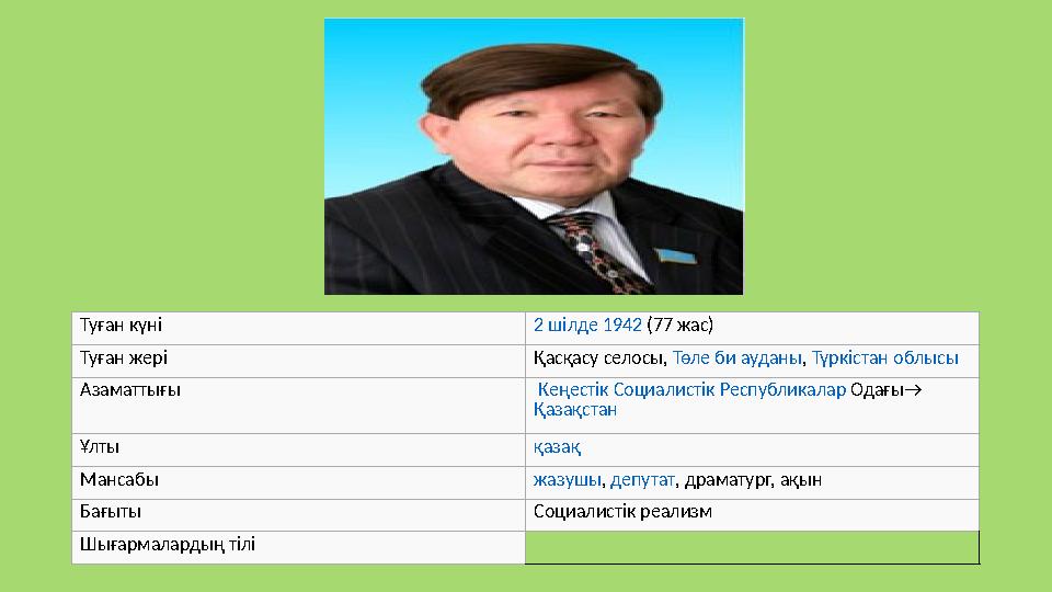 Туған күні 2 шілде 1942 (77 жас) Туған жері Қасқасу селосы, Төле би ауданы , Түркістан облысы Азаматтығы Кеңестік