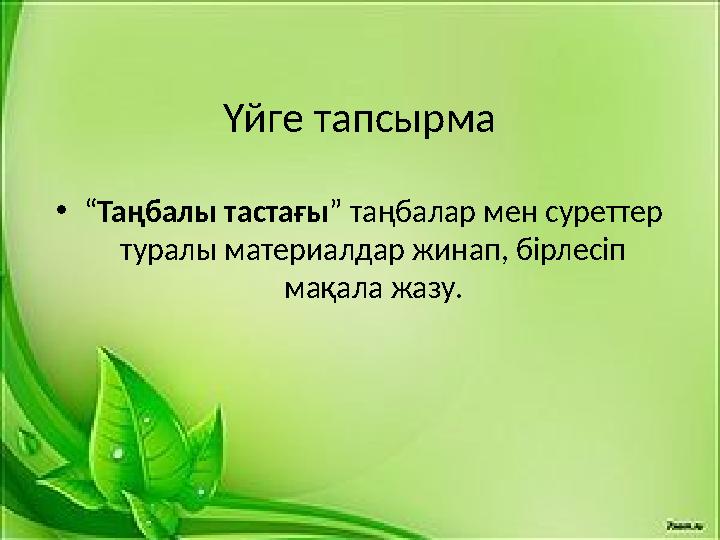 Үйге тапсырма • “ Таңбалы тастағы ” таңбалар мен суреттер туралы материалдар жинап, бірлесіп мақала жазу.