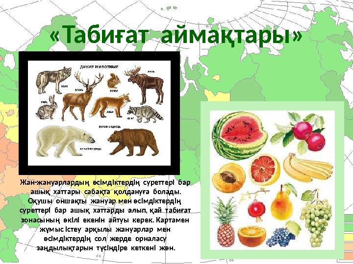 «Табиғат аймақтары» Жан-жануарлардың өсімдіктердің суреттері бар ашық хаттары сабақта қолдануға болады. Оқушы оншақт