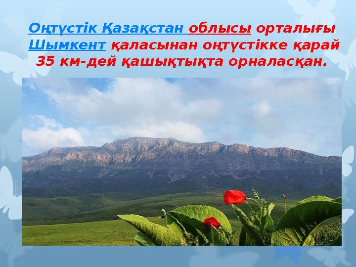 Оңтүстік Қазақстан облысы орталығы Шымкент қаласынан оңтүстікке қарай 35 км-дей қашықтықта орналасқан.