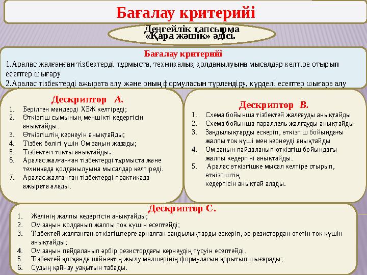 Бағалау критерийі 1.Аралас жалғанған тізбектерді тұрмыста, техникалық қолданылуына мысалдар келтіре отырып есептер шығару 2.Ар