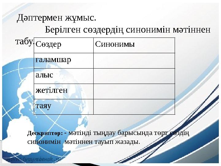 Дәптермен жұмыс. Берілген сөздердің синонимін мәтіннен табу. Сөз