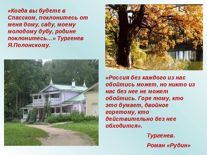 «Когда вы будете в Спасском, поклонитесь от меня дому, саду, моему молодому дубу, родине поклонитесь…» Тургенев Я.Полонском