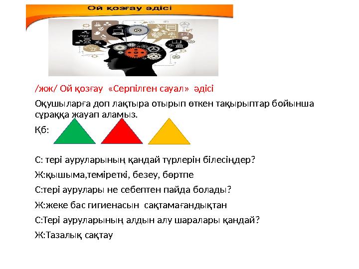 /жж/ Ой қозғау «Серпілген сауал» әдісі Оқушыларға доп лақтыра отырып өткен тақырыптар бойынша сұраққа жауап аламыз. Қб: С: т