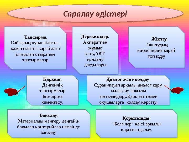 Саралау әдістері Тапсырма. Сабақтың күрделілігіне, қажеттілігіне қарай алға ілгерілеп отыратын тапсырмалар Бағалау. Материа