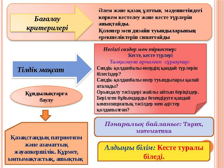 Бағалау критерилері Әлем және қазақ ұлттық мәдениетіндегі көркем кестелеу және кесте түрлерін анықтайды. Қолөнер мен дизайн