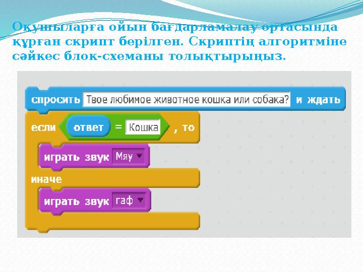 Оқушы ларға ойын бағдарламалау ортасында құрған скрипт берілген. Скриптің алгоритміне сәйкес блок-схеманы толықтырыңыз .