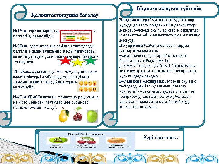 Қалыптастырушы бағалау № 1 Ұ.ж . Әр тапсырма тұсына дұрыс жауапты белгілейді,анықтайд