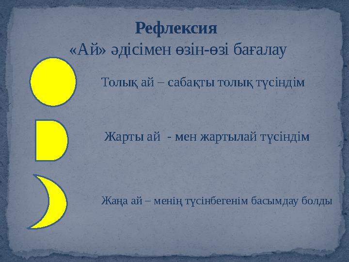 Рефлексия «Ай» әдісімен өзін-өзі бағалау Толық ай – сабақты толық түсіндім Жарты ай - мен жартылай түсіндім Жаңа ай – мені