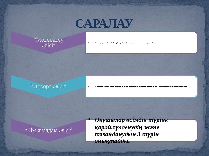 САРАЛАУ “ Модельдеу әдісі” • Әр топқа ермексаз беріледі. Солардан г үлдің моделін түзеді және ерекшелігін түсіндіреді . “ Инсер