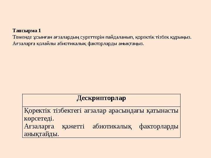 Тапсырма 1 Төменде ұсынған ағзалардың суреттерін пайдаланып, қоректік тізбек құрыңыз. Ағзаларға қолайлы абиотикалық факторлард