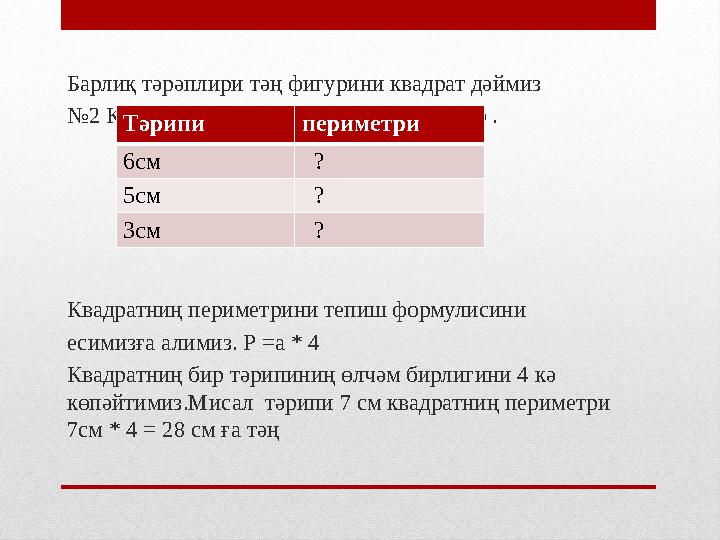 Барлиқ тәрәплири тәң фигурини квадрат дәймиз № 2 Квадратларниң периметрини тепиңлар . Квадратниң периметрини тепиш формулисини