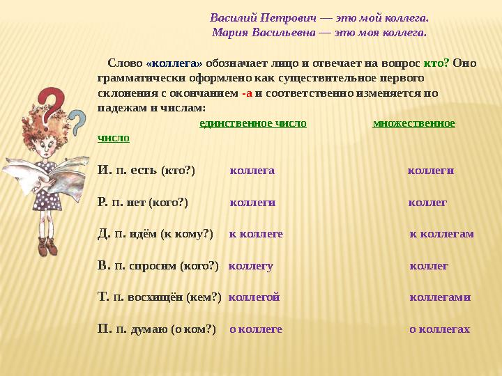 Василий Петрович — это мой коллега. Мария Васильевна — это моя коллега. Слово «коллега»