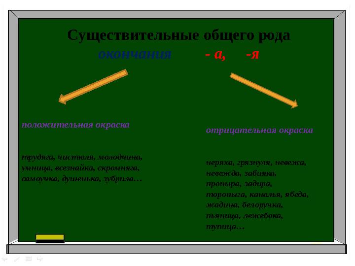 Существительные общего рода окончания - а, -я положительная окраска трудяга, чистюля, молодчина, умница, всезнайка,