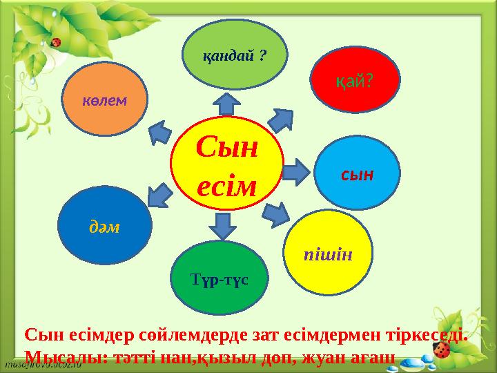 Сын есім қай? сынқандай ? көлем дәм пішін Түр-түс Сын есімдер сөйлемдерде зат есімдермен тіркеседі. Мысалы: тәтті нан,қызыл доп