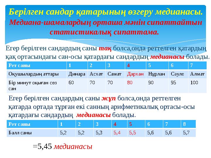 Берілген сандар қатарының өзгеру медианасы. Медиана-шамалардың орташа мәнін сипаттайтын статистикалық сипаттама. Егер бе