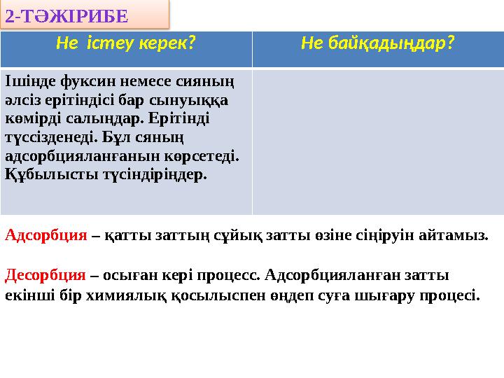 2-ТӘЖІРИБЕ Не істеу керек? Не байқадыңдар? Ішінде фуксин немесе сияның әлсіз ерітіндісі бар сынуыққа көмірді салыңдар. Ерітін