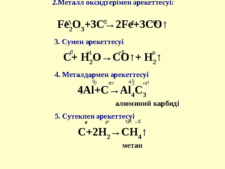 2.Металл оксидтерімен әрекеттесуі: Fe 2 O 3 +3C→2Fe+3CO↑ 3. Сумен ә