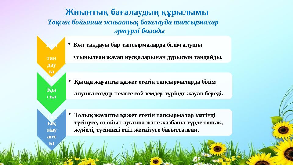Көп таң дау ы бар • Көп таңдауы бар тапсырмаларда білім алушы ұсынылған жауап нұсқаларынан дұрысын таңдайды. Қы сқа • Қыс