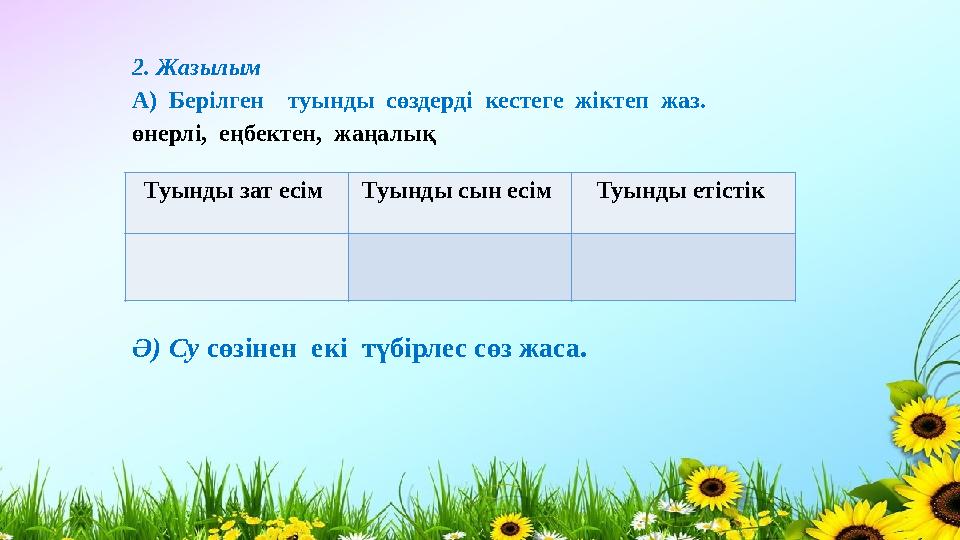 2. Жазылым А) Берілген туынды сөздерді кестеге жіктеп жаз. өнерлі,