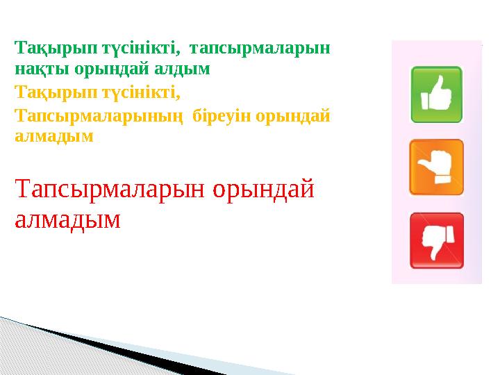 Тақырып түсінікті, тапсырмаларын нақты орындай алдым Тақырып түсінікті, Тапсырмаларының біреуін орындай алмадым Тапсырмалар