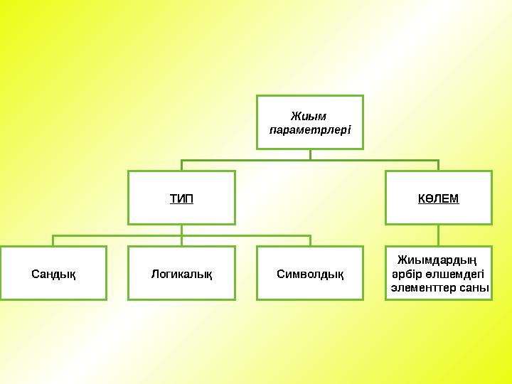 Жиым параметрлері ТИП Сандық Логикалық Символдық КӨЛЕМ Жиымдардың әрбір өлшемдегі элементтер саны