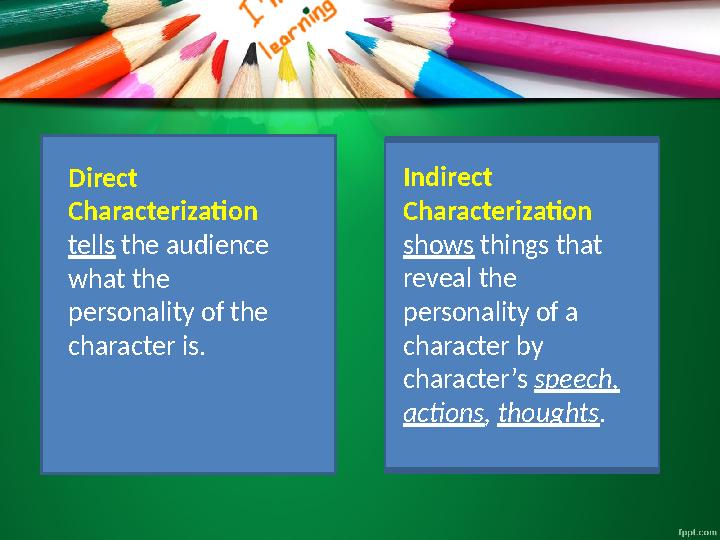 Direct Characterization tells the audience what the personality of the character is. Indirect Characterization shows thi