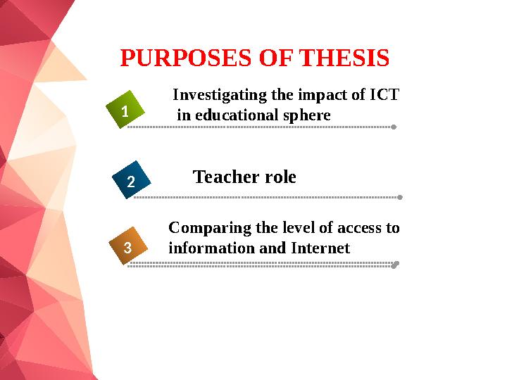PURPOSES OF THESIS Comparing the level of access to information and Internet 41 Teacher role 2 Investigating the impact of ICT