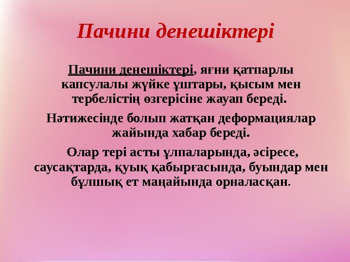 Пачини денешіктері Пачини денешіктері , яғни қатпарлы капсулалы жүйке ұштары, қысым мен тербелістің өзгерісіне жауап береді.
