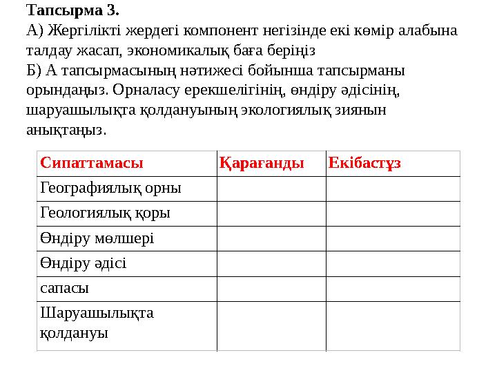 Тапсырма 3. А) Жергілікті жердегі компонент негізінде екі көмір алабына талдау жасап, экономикалық баға беріңіз Б) А тапсырмас